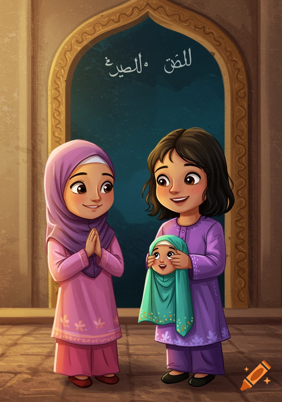 Cartoon illustration of two young girls and a baby in traditional clothes in an archway.