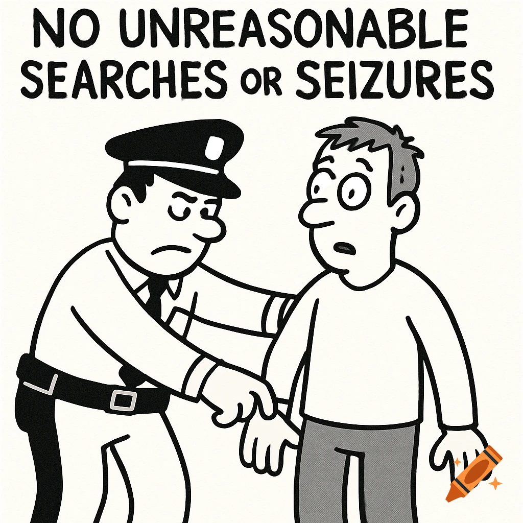 Cartoon of a police officer searching a civilian with text 'NO UNREASONABLE SEARCHES OR SEIZURES'.