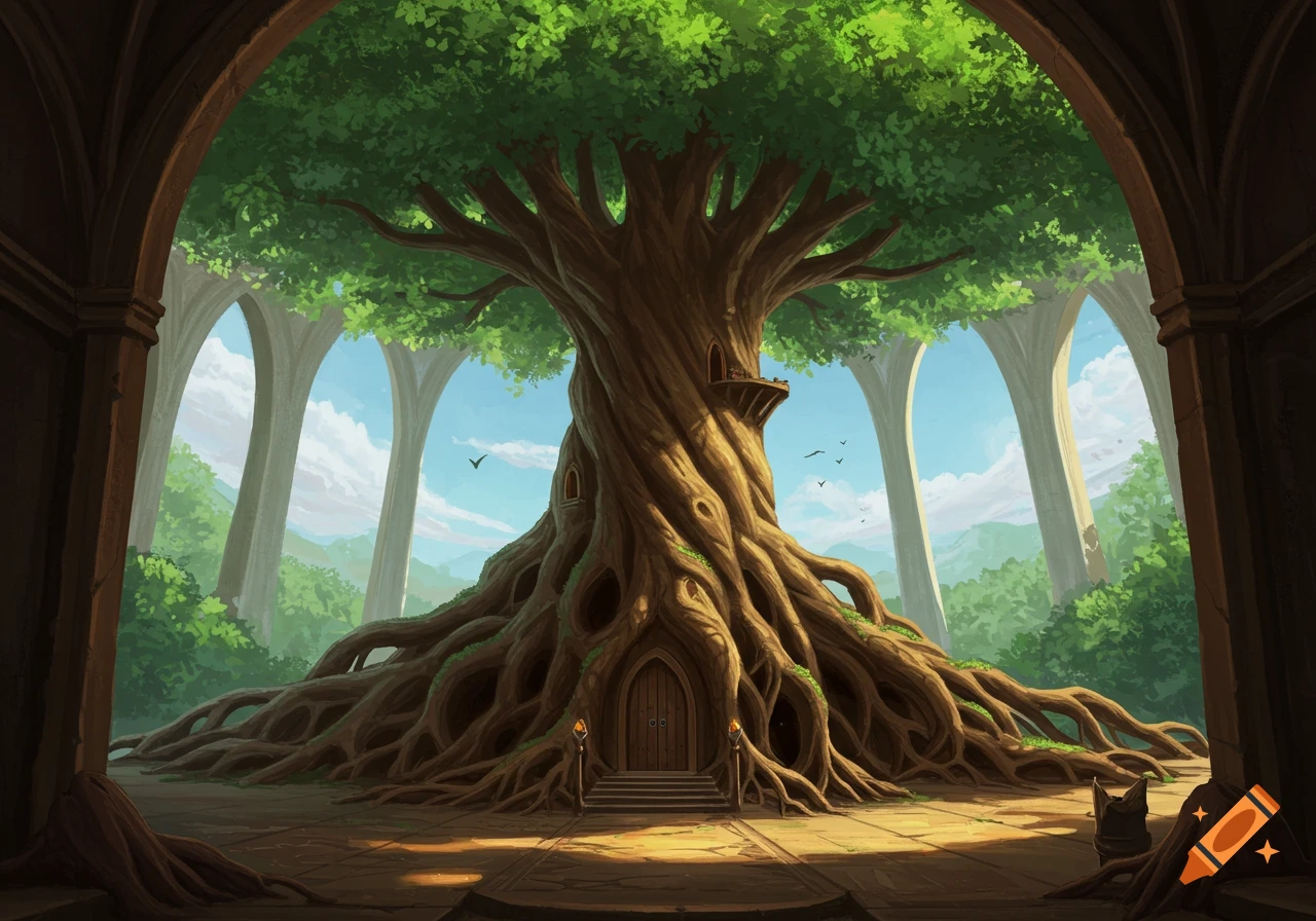 Fantasy art of a giant ancient tree with doors and windows, surrounded by arched architecture.