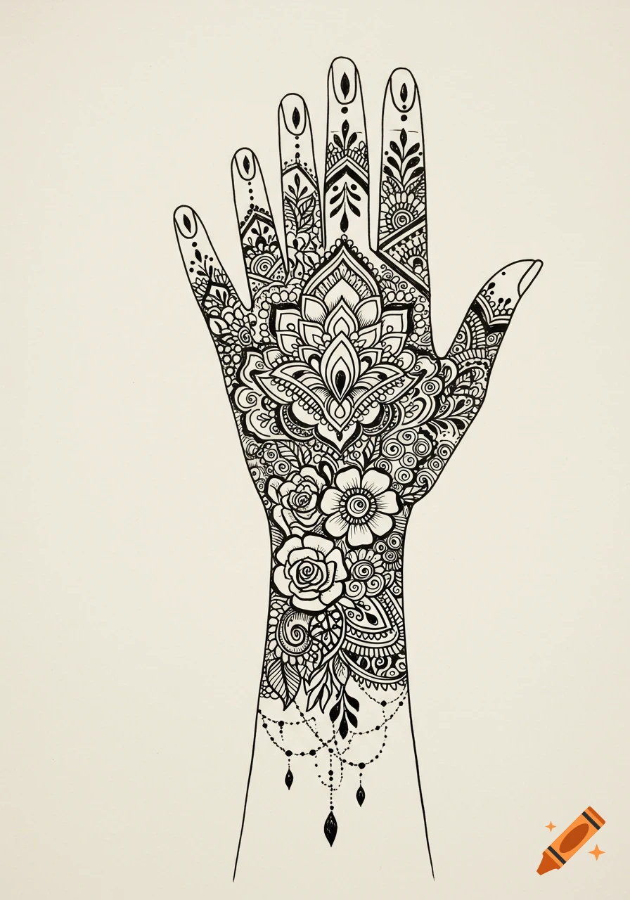 A hand decorated with a detailed black and white henna design.