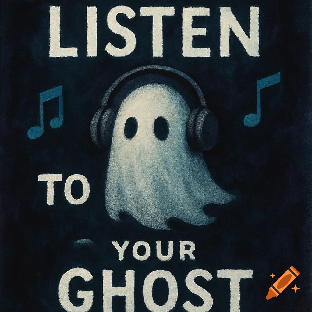 Illustration of a friendly ghost wearing headphones, surrounded by music notes, with the text 'LISTEN TO YOUR GHOST'