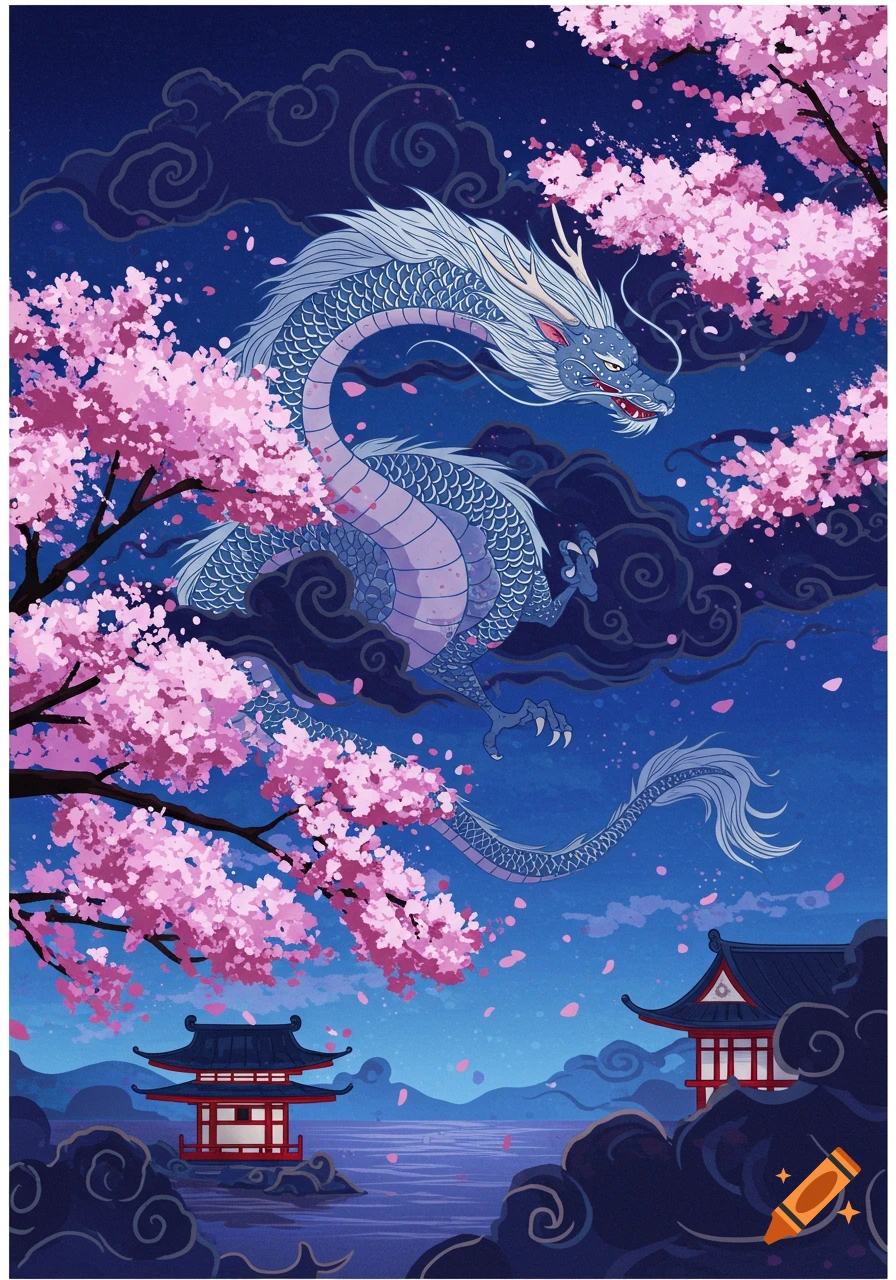 A blue dragon flies among pink cherry blossoms over traditional Japanese temples and a lake at night.