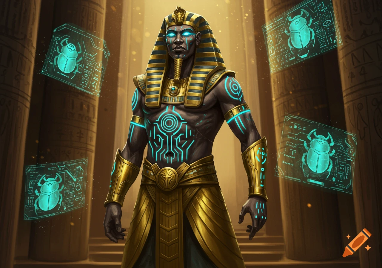 A futuristic pharaoh with glowing blue circuitry tattoos stands in a temple with holographic scarabs.