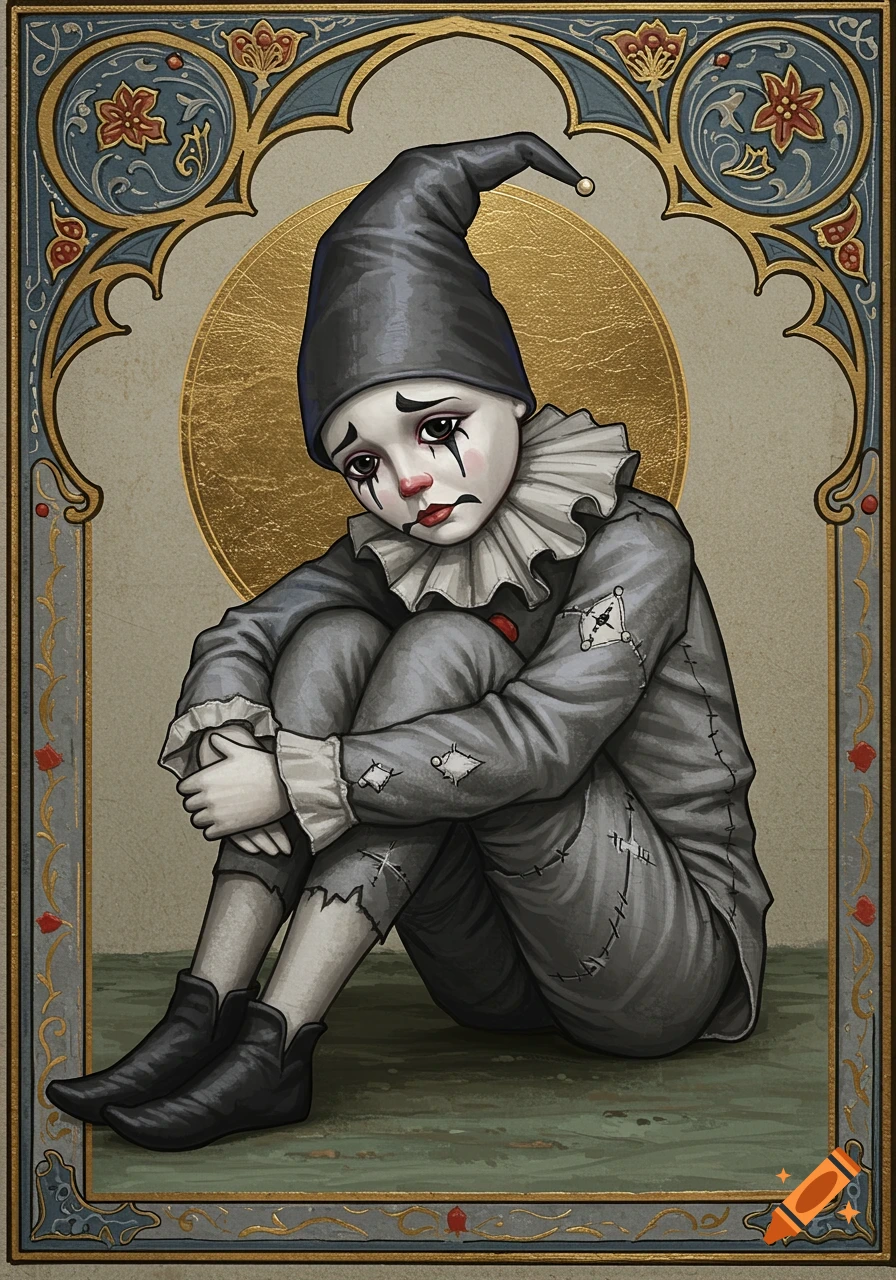 Sad Pierrot doll sitting in a gothic illuminated frame.