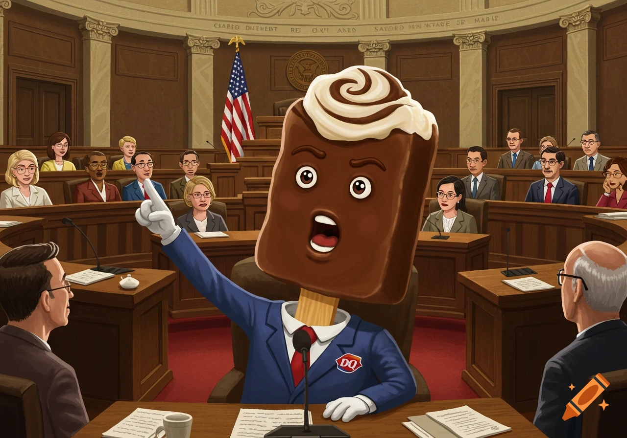 An anthropomorphic Dairy Queen Dilly Bar gives a speech in a courtroom illustration.