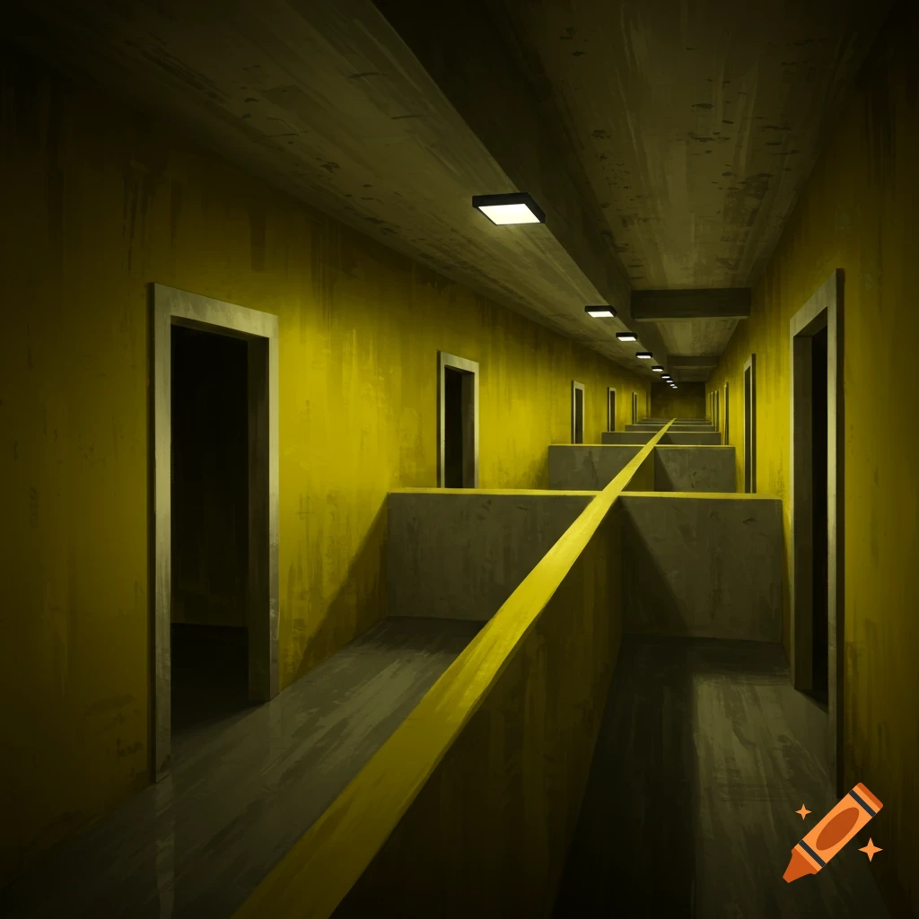 A long, perspective view down a dark yellow-walled hallway with numerous doors and fluorescent lights, featuring a bright yellow line or barrier down the center.