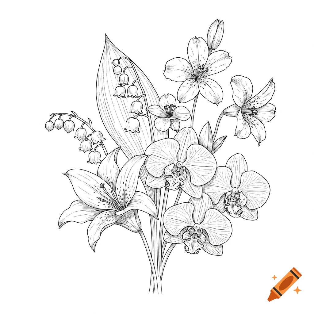 Black outline drawing of a flower bouquet with lily of the valley, orchids, and lilies.