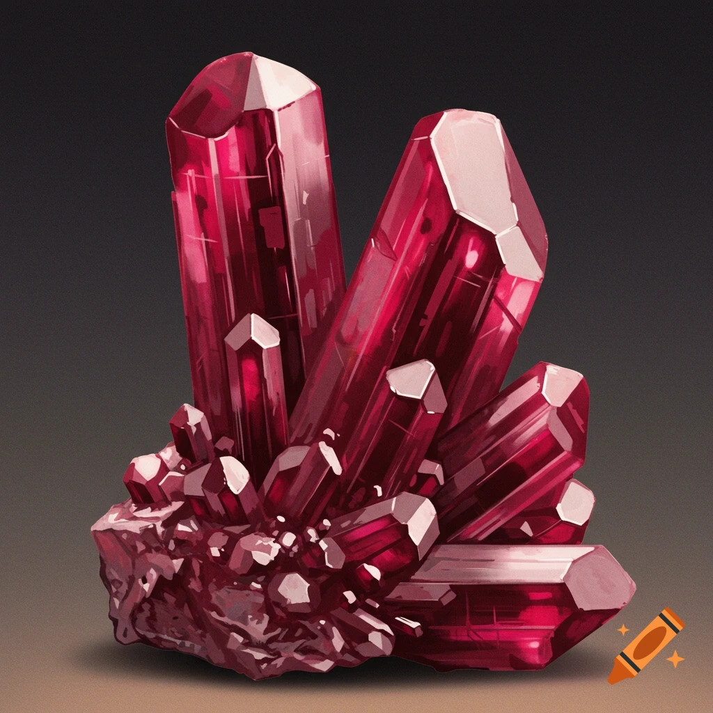 Illustration of a cluster of deep red crystals