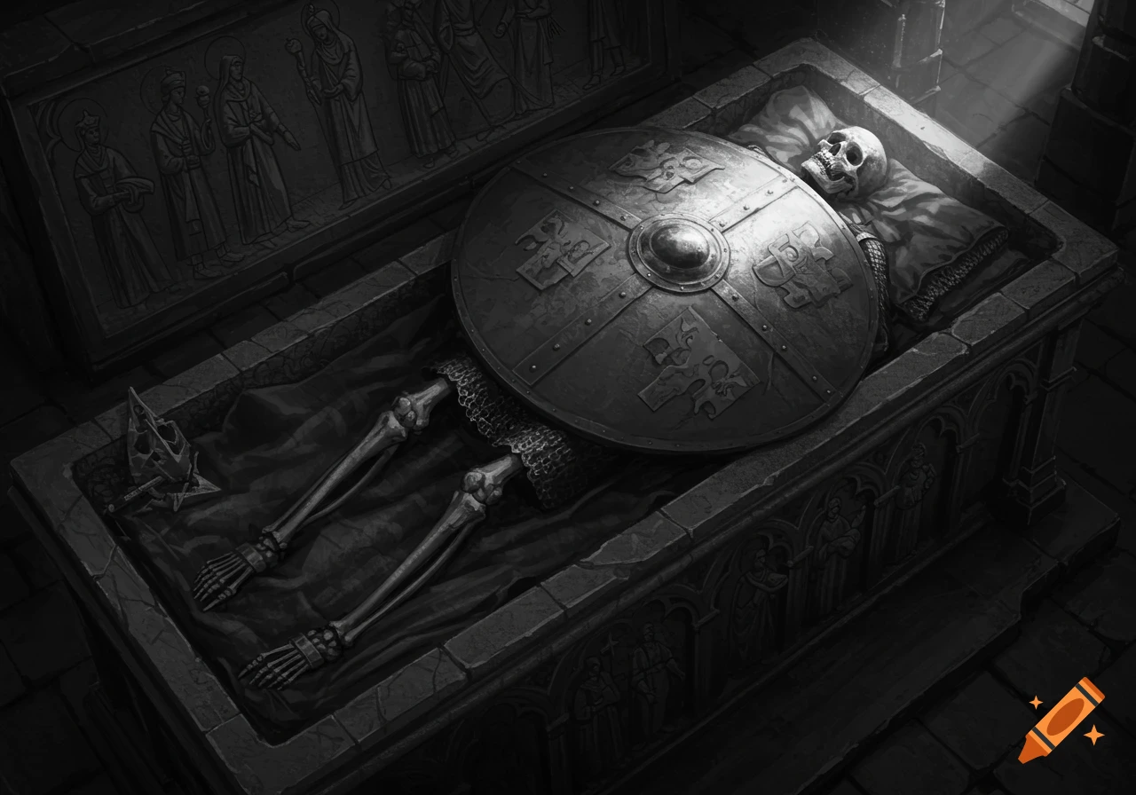Top-down view of a skeletal knight in an ornate tomb, covered by his shield, in black and white.