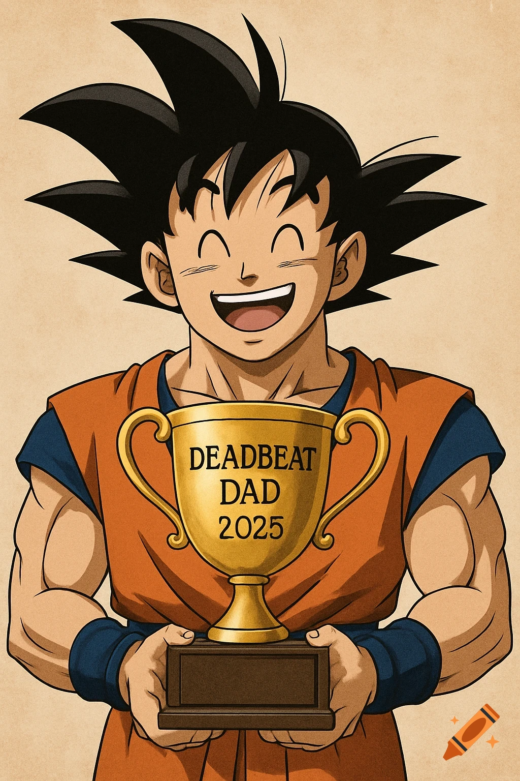 Goku holding a gold trophy engraved with 'DEADBEAT DAD 2025' in anime style.