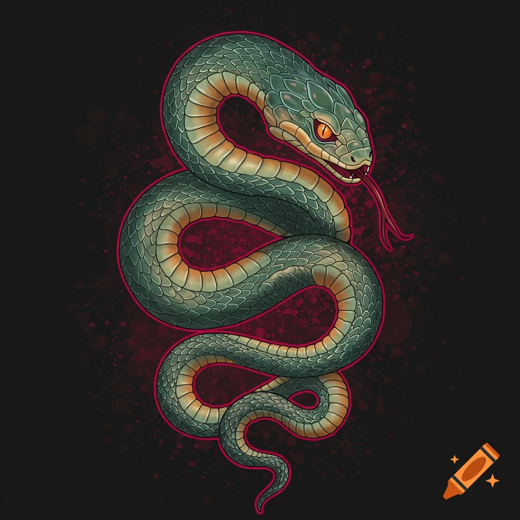A stylized green and yellow snake is coiled against a dark background with red splatter details.