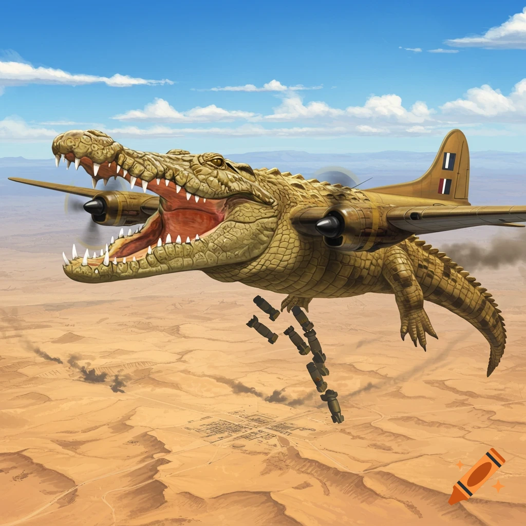 A surreal digital painting of a crocodile merged with a bomber plane flying over a desert, dropping bombs.