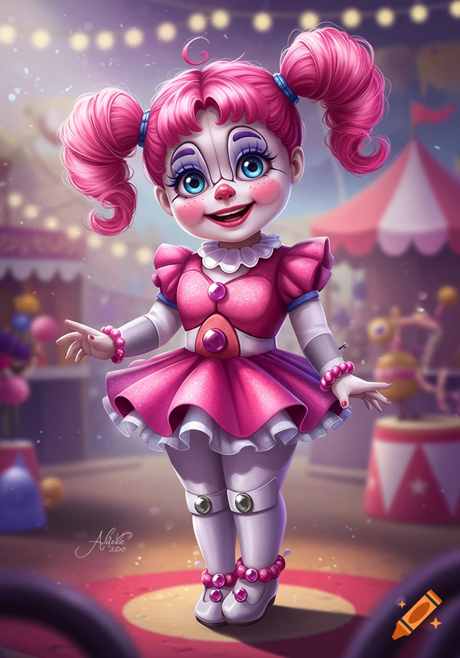 Pink-haired animatronic clown girl in a pink dress in a circus setting.