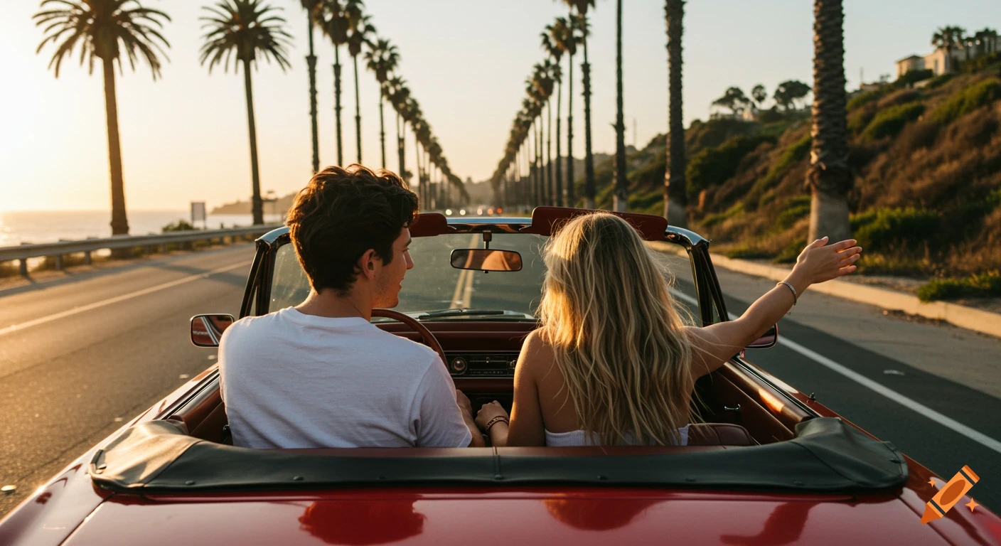 A couple drives a red convertible down a palm tree lined road at sunset by the ocean.