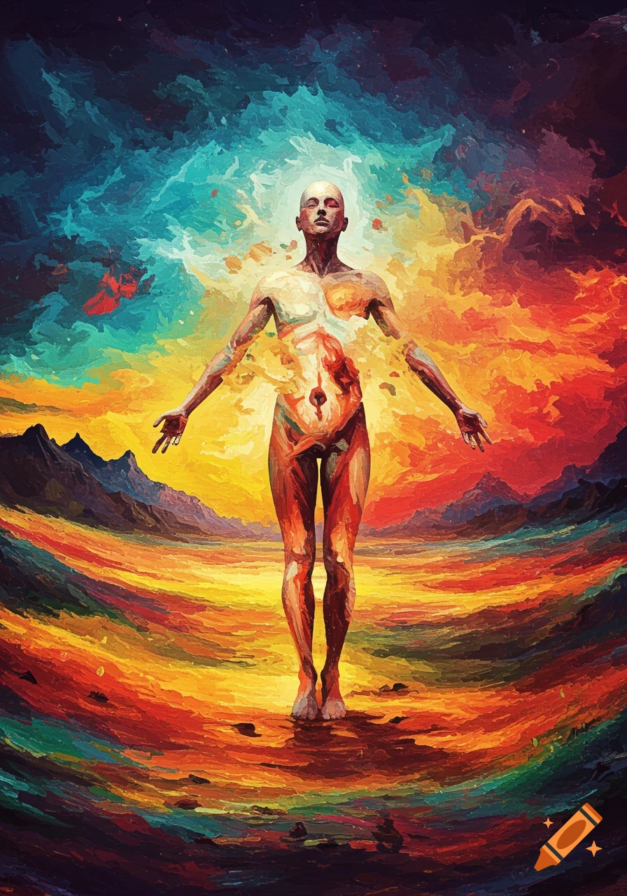 A distorted human figure stands in a vibrant, abstract landscape with swirling colors, in a painterly style.