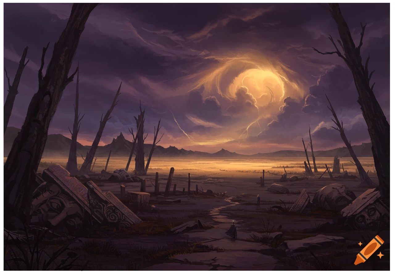 A desolate landscape with dead trees, ruins, and a swirling storm cloud sun.