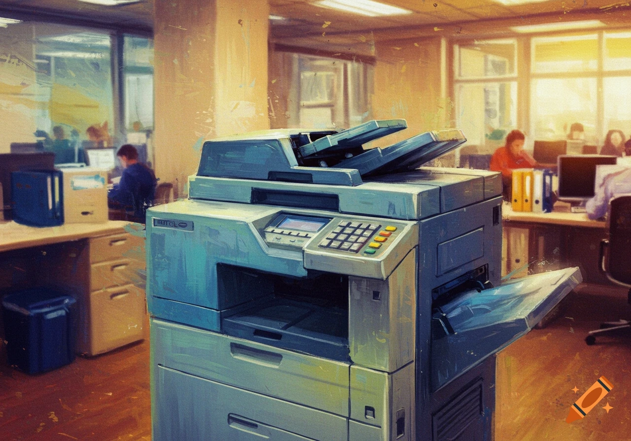 Impressionist painting of a copy machine in an office setting.