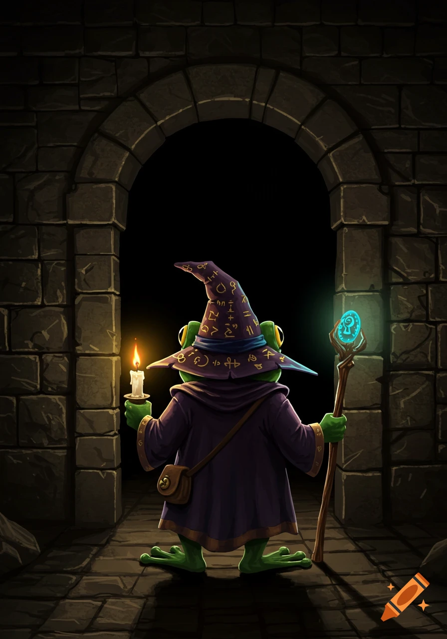 A frog wizard in a purple robe and hat with runes stands in a dungeon archway, holding a lit candle and a staff.