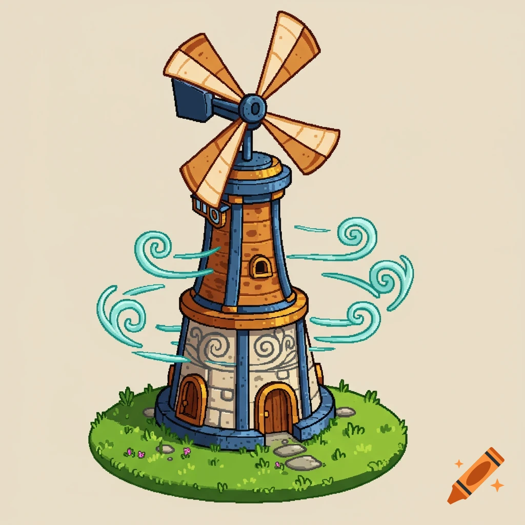 A pixel art cartoon wind tower on grass with wind swirls.