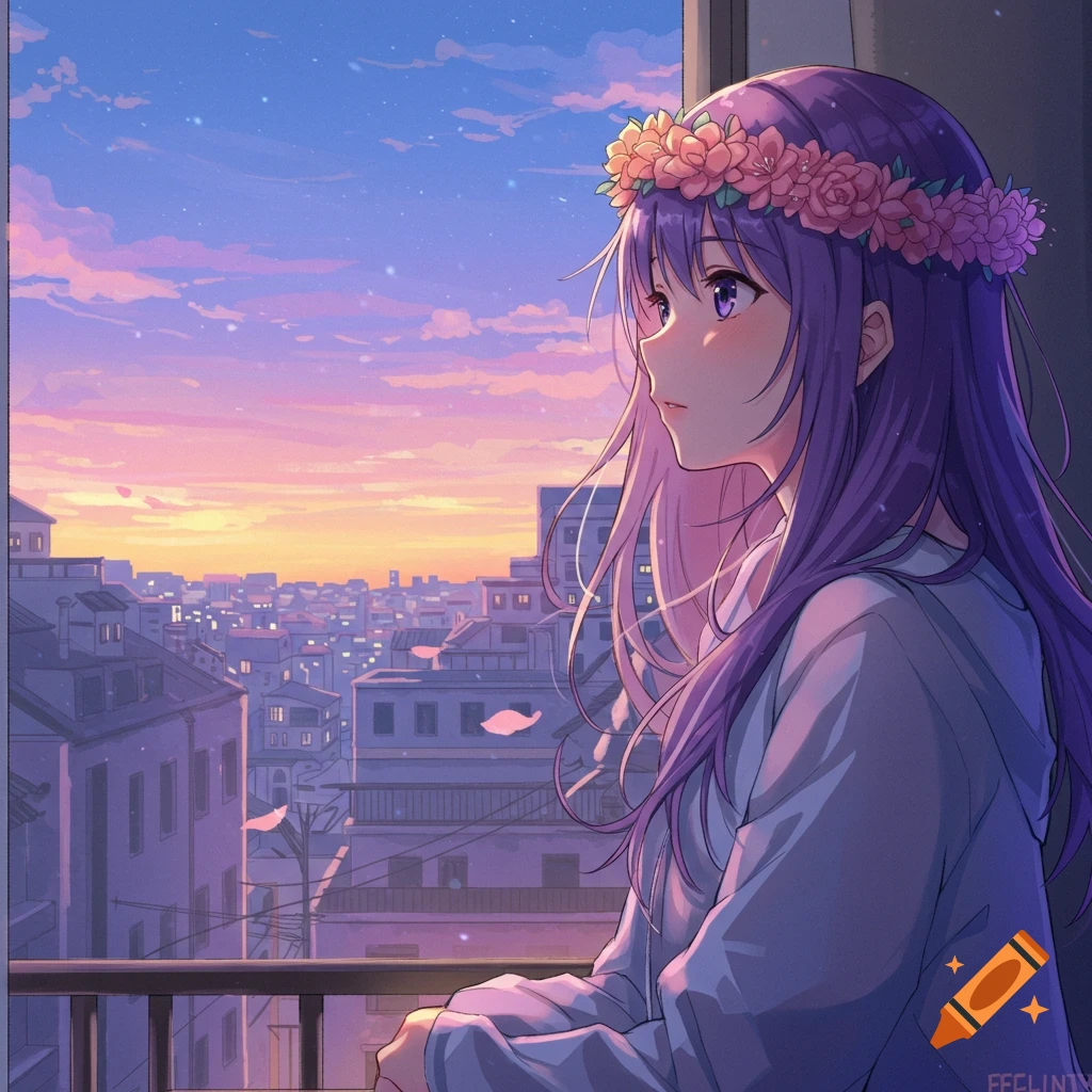 Anime girl with purple hair and flower crown looking at a sunset over a city.