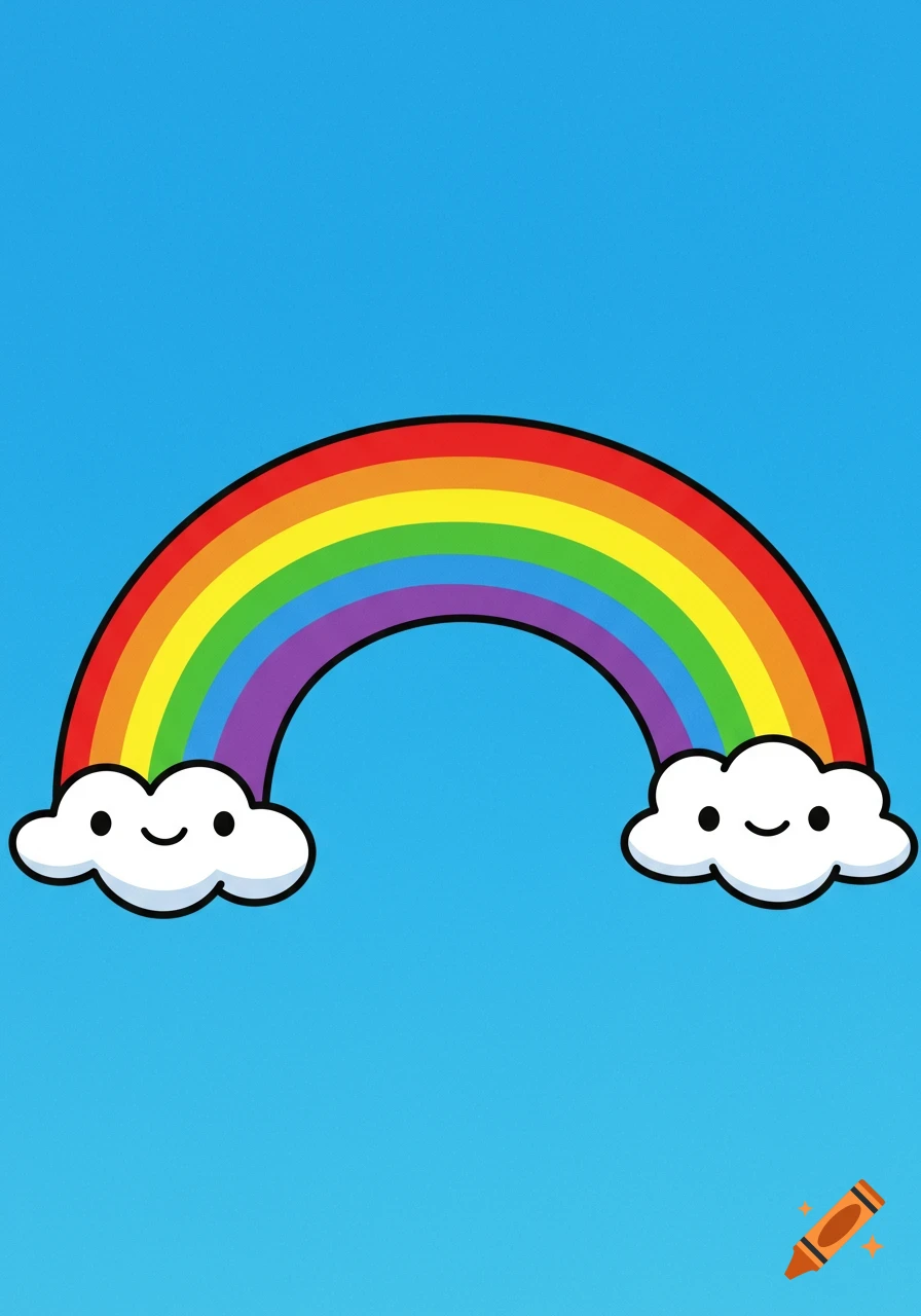 A cartoon rainbow with happy clouds against a blue background