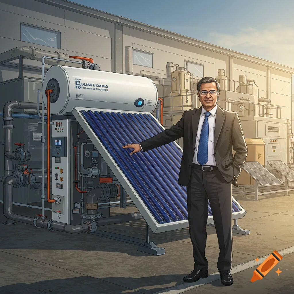 Illustration of a man in a suit pointing at a large solar water heating system outside a factory.