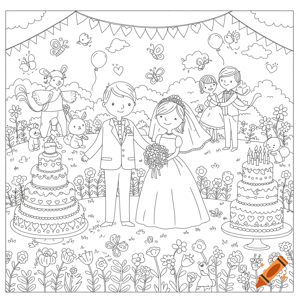 Line drawing coloring page of a happy couple at a wedding with guests, cakes, flowers, and animals.
