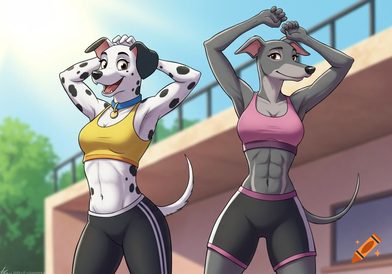 Two anthropomorphic dogs, a Dalmatian and a greyhound, wearing sports attire and stretching in an animated style.