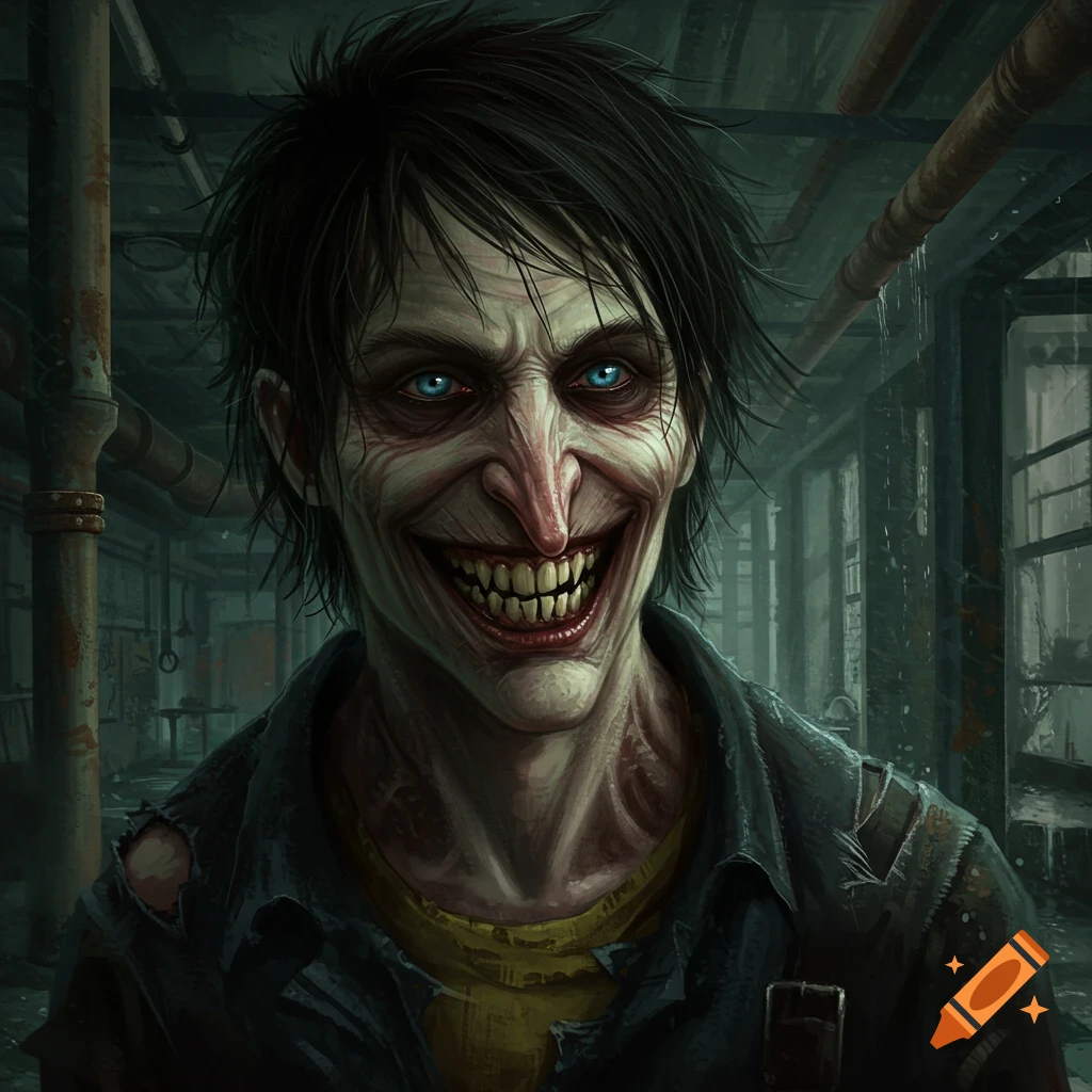 A close-up digital painting of a creepy smiling man with sharp teeth and bright blue eyes in a dark, industrial setting.