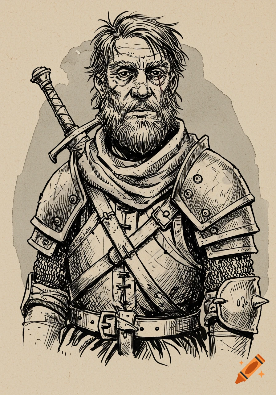 Black and white ink sketch of a stoic, scruffy fantasy adventurer in armor.