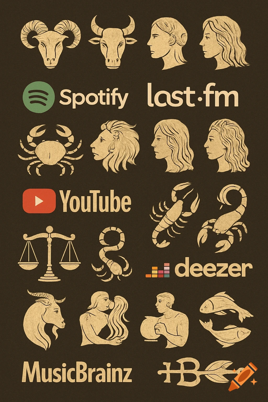 Vintage illustration of zodiac signs and music platform logos on a dark background.