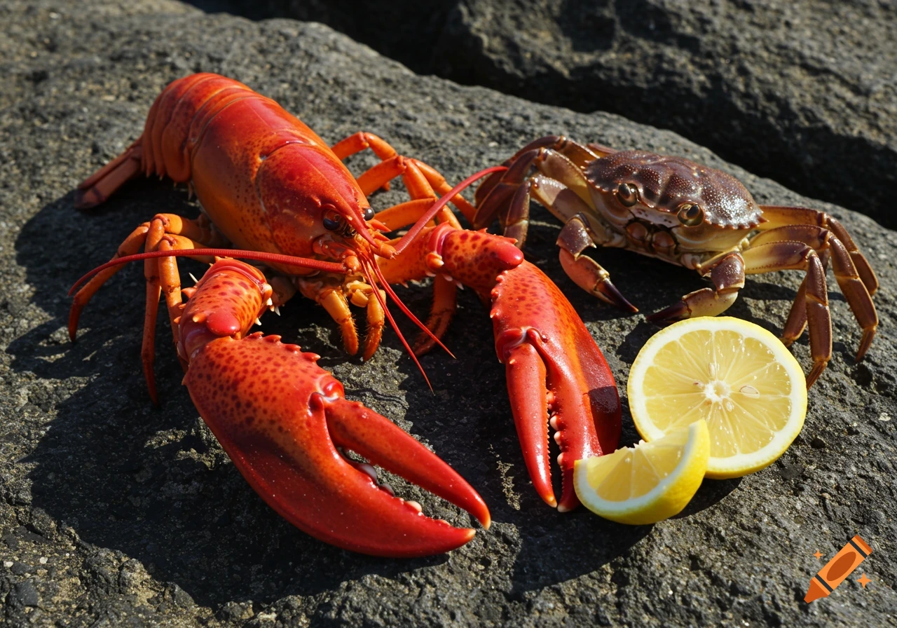 A cooked lobster and crab on rocks with lemon slices.