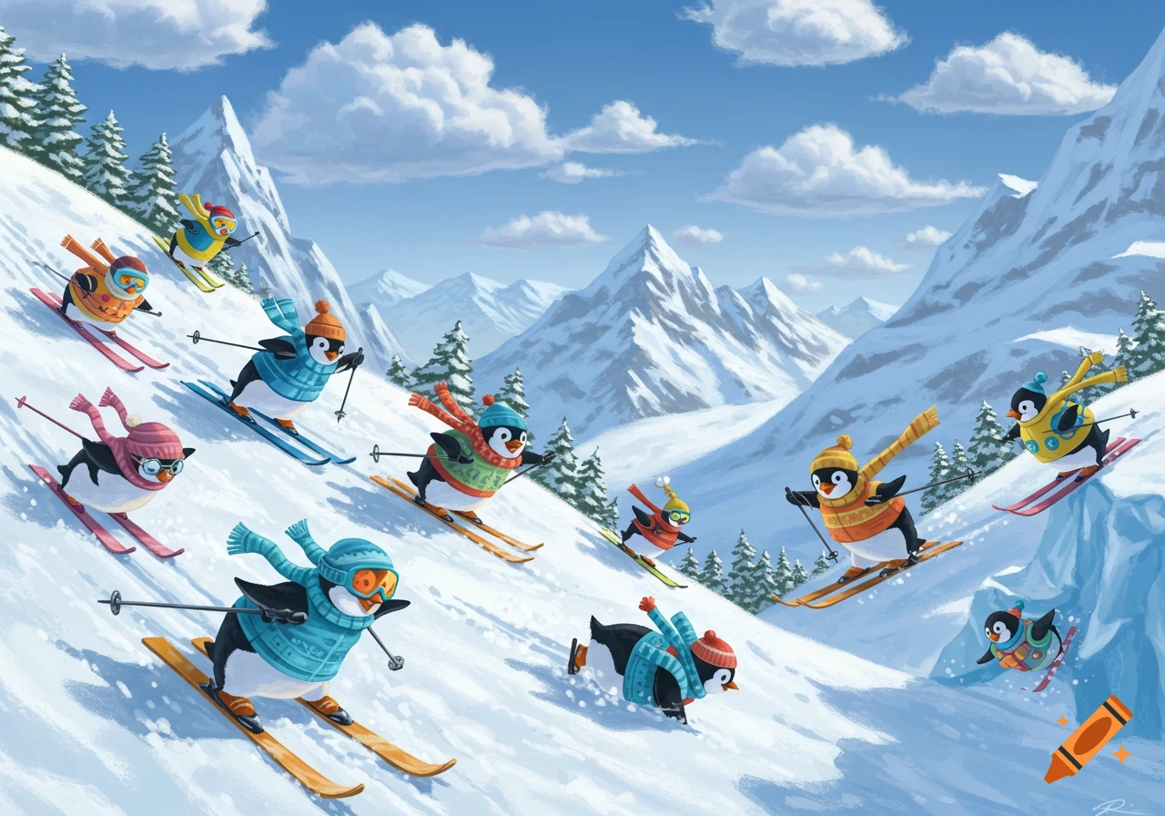 Cartoon penguins skiing down a snowy mountain