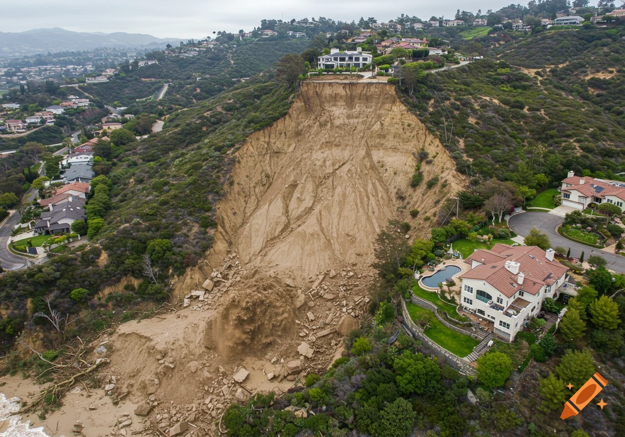 Large landslide down a green hillside with houses above and below the slide area.