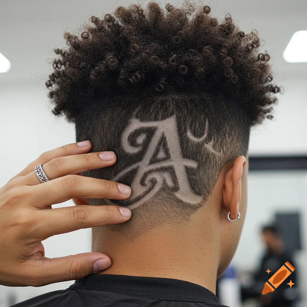 Close-up of the back of a head showing a haircut with a shaved, stylized 'A' design and a hand touching the head.
