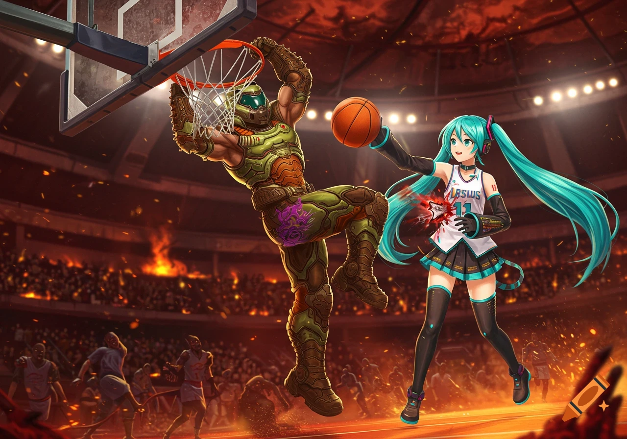 Doom Slayer dunks a basketball over Hatsune Miku in a stadium full of demons.