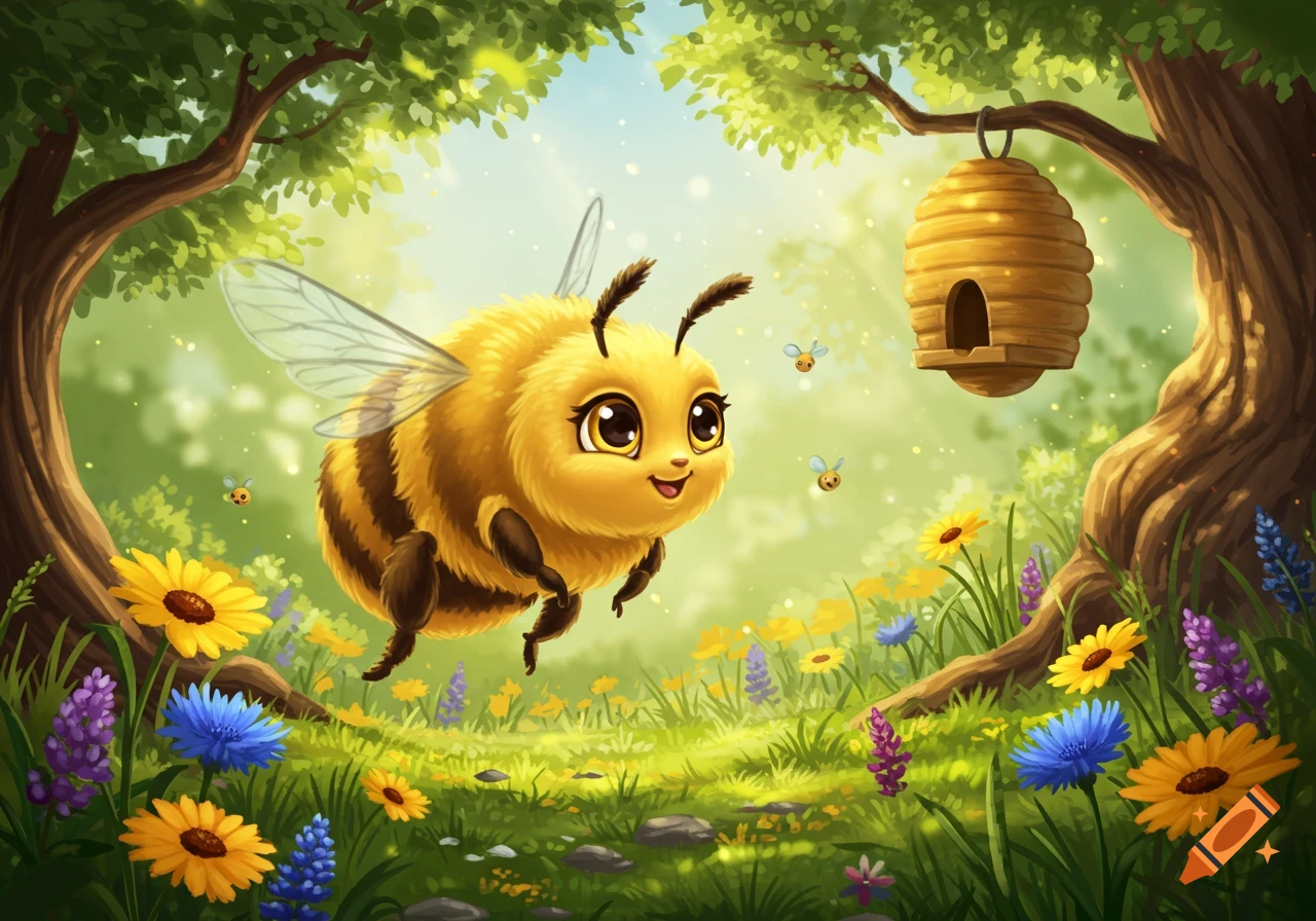 A cute cartoon honey bee flies in a sunny field filled with colorful flowers, with a beehive hanging from a tree.