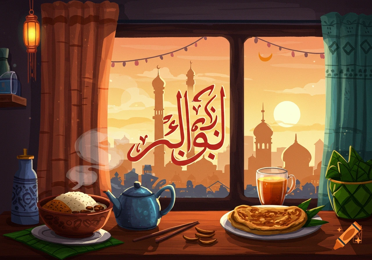 Stylized illustration of a Ramadan suhoor meal on a table overlooking a mosque cityscape at dawn with Arabic calligraphy.