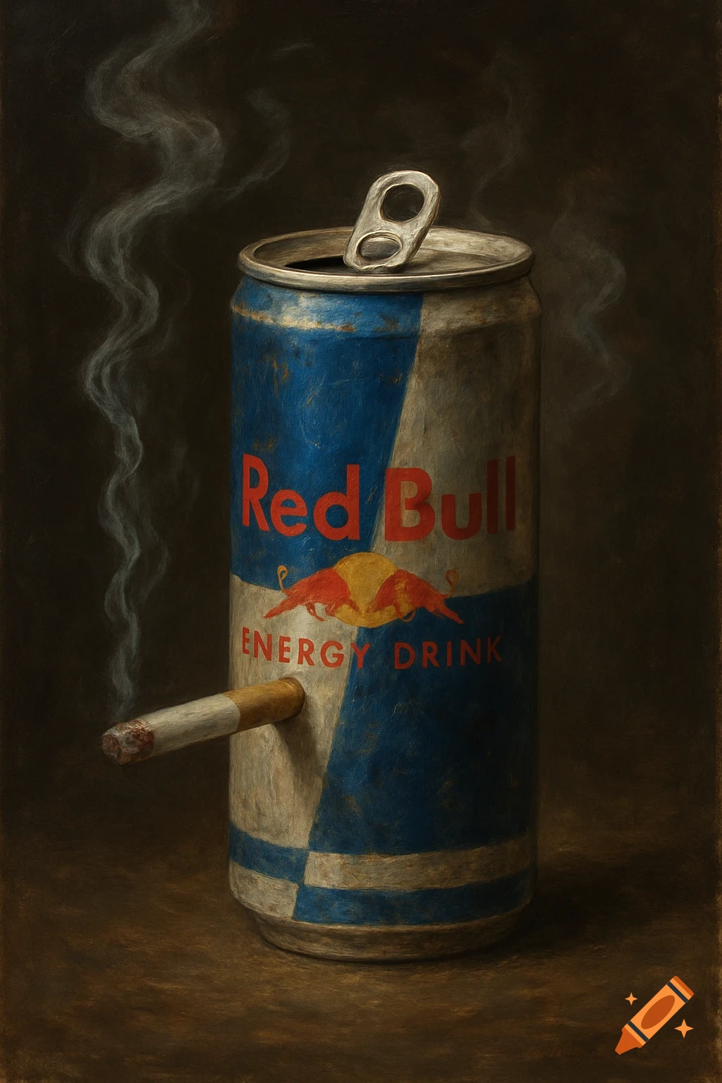 Still life of a textured Red Bull can with a lit cigarette smoking out of it, against a dark background.