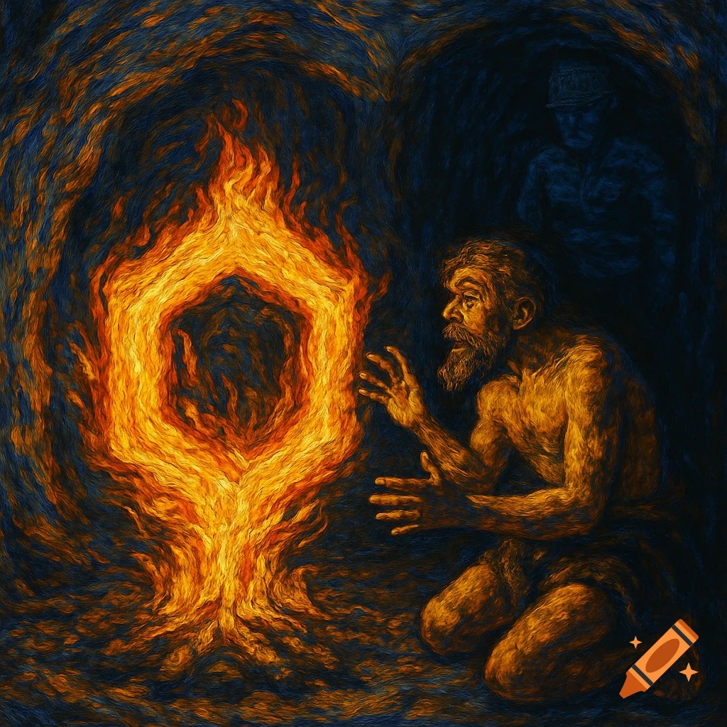 Painting of a primitive man kneeling before a stylized fire in a cave with a shadowy figure behind him, in a Van Gogh style.