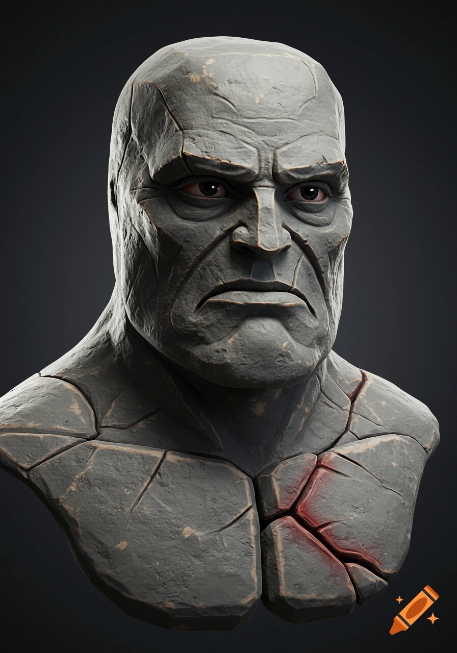 3D rendered stone character bust with cracks and red highlights.