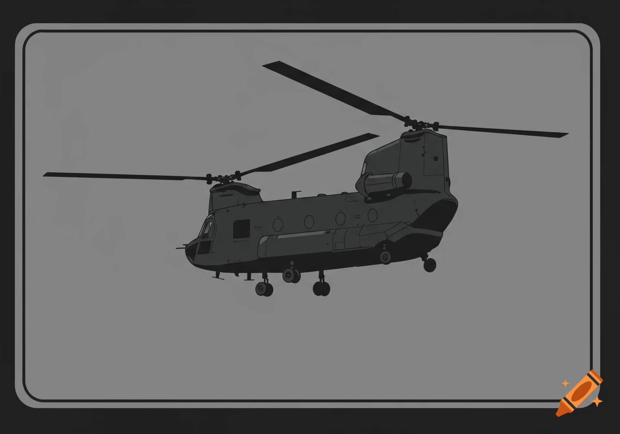 A stylized, dark monochrome cartoon drawing of a Chinook helicopter flying from a low rear perspective.