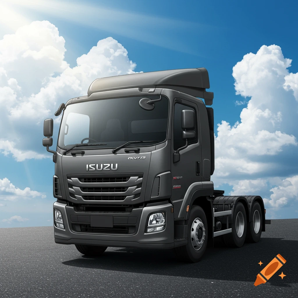 A dark gray Isuzu truck is parked on a road under a blue sky with clouds and sunlight.