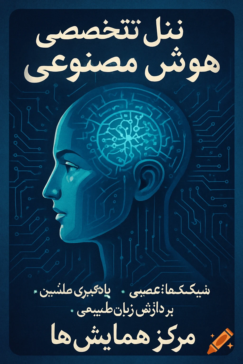 Stylized blue illustration of a head with circuitry brain on a circuit board background, with Farsi text.