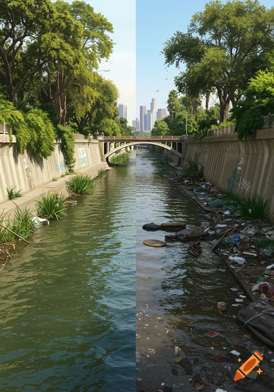 Split image of the LA River: one side lush and clean with vegetation, the other side polluted with trash in a concrete channel.