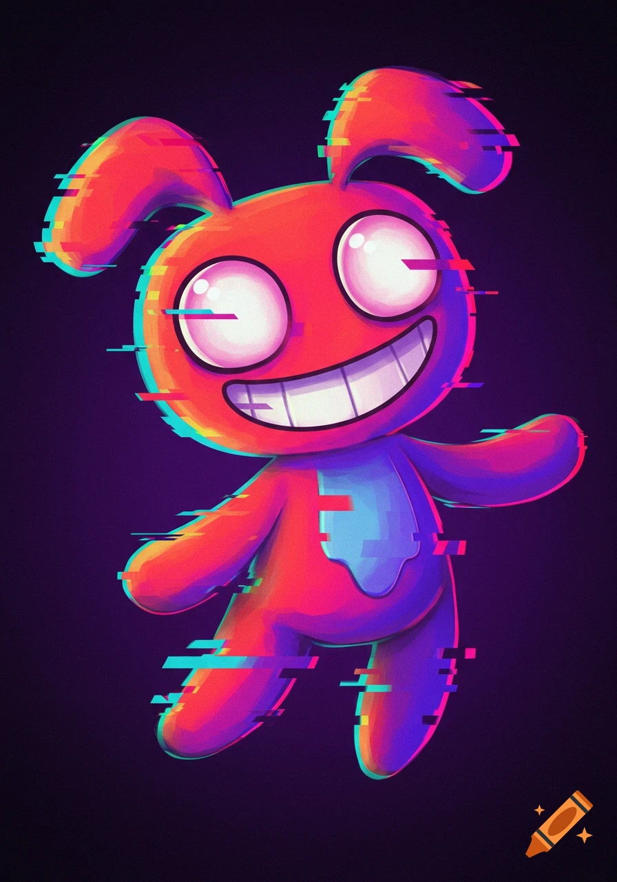 A stylized cartoon creature, possibly a rabbit, with bright red and purple coloring, a wide grin, and large white eyes, covered in glitch distortion effects on a dark background.