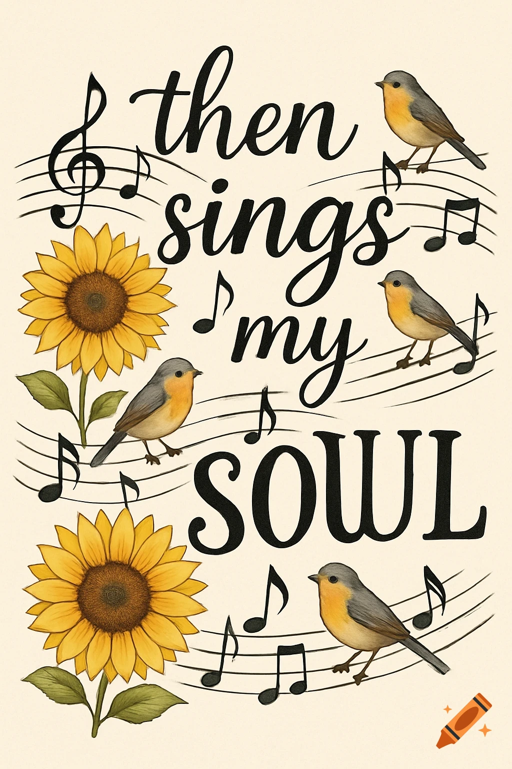 Text art with birds, sunflowers, music notes, and musical staff