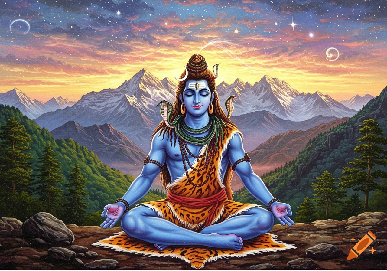 Shiva meditating in the Himalayas under a starry sky, depicted in a spiritual painting style.