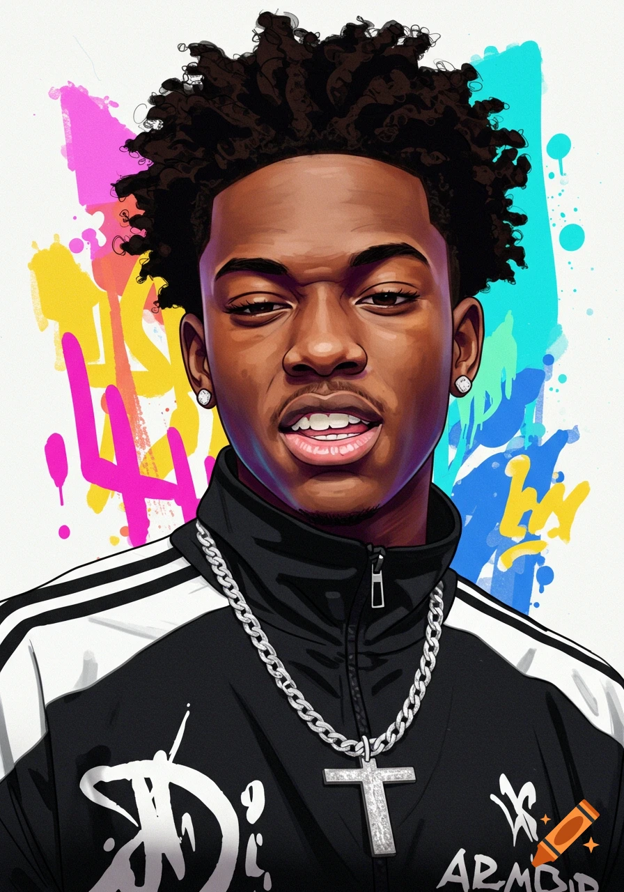 Stylized portrait illustration of a young Black man in a track jacket against a colorful, paint-splattered background.