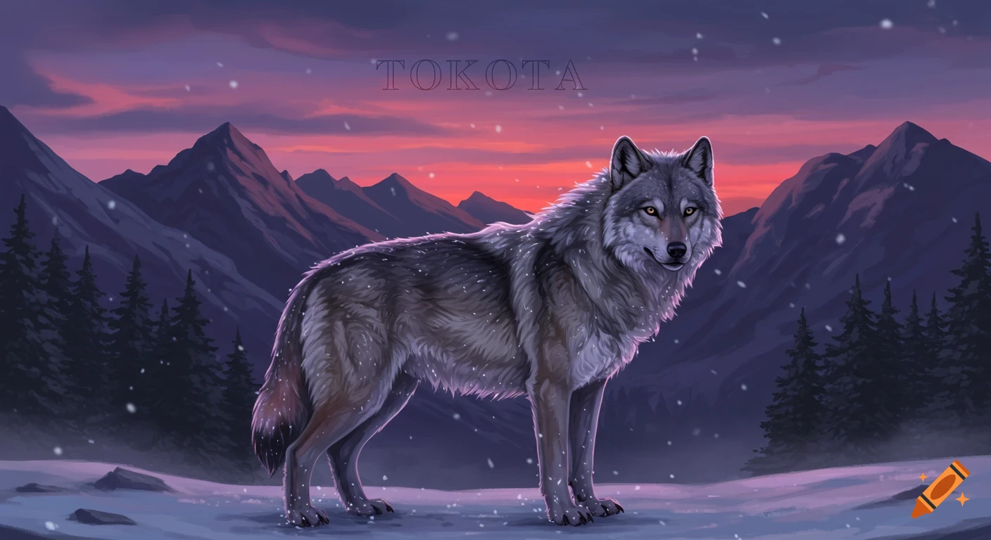 A grey wolf stands in a snowy mountain landscape at dusk, with red and purple clouds.